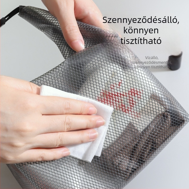 Vízálló toalett táska száraz–nedves elválasztással, húzózsinóros zárás, kézitáska stílusú, PVC anyag, modell 212