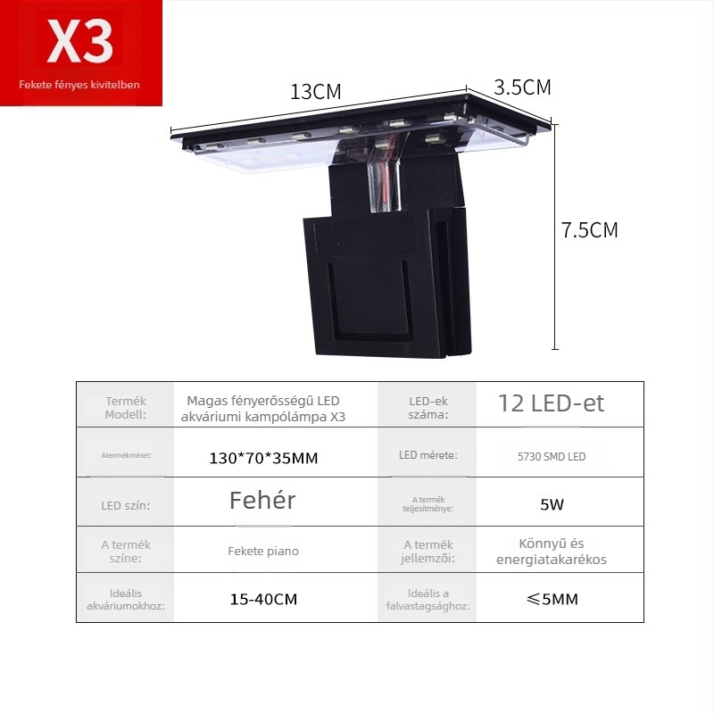 Klipes akváriumi lámpa, 5W, műanyag test, 0,3 kg, akváriumi világítás és vízi növényekhez, Small Tank