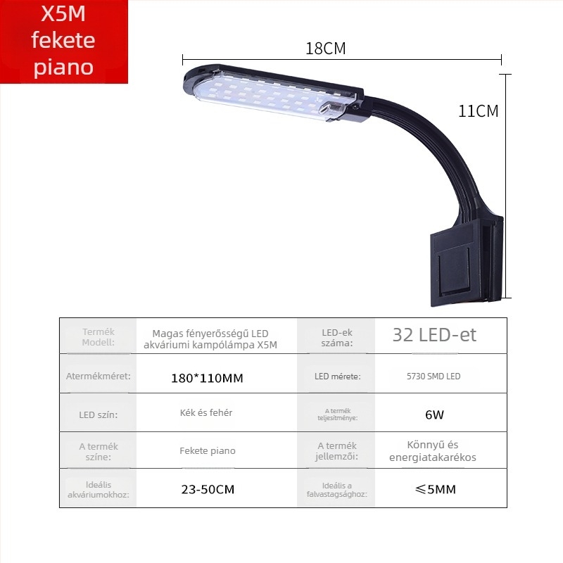 Klipes akváriumi lámpa, 5W, műanyag test, 0,3 kg, akváriumi világítás és vízi növényekhez, Small Tank