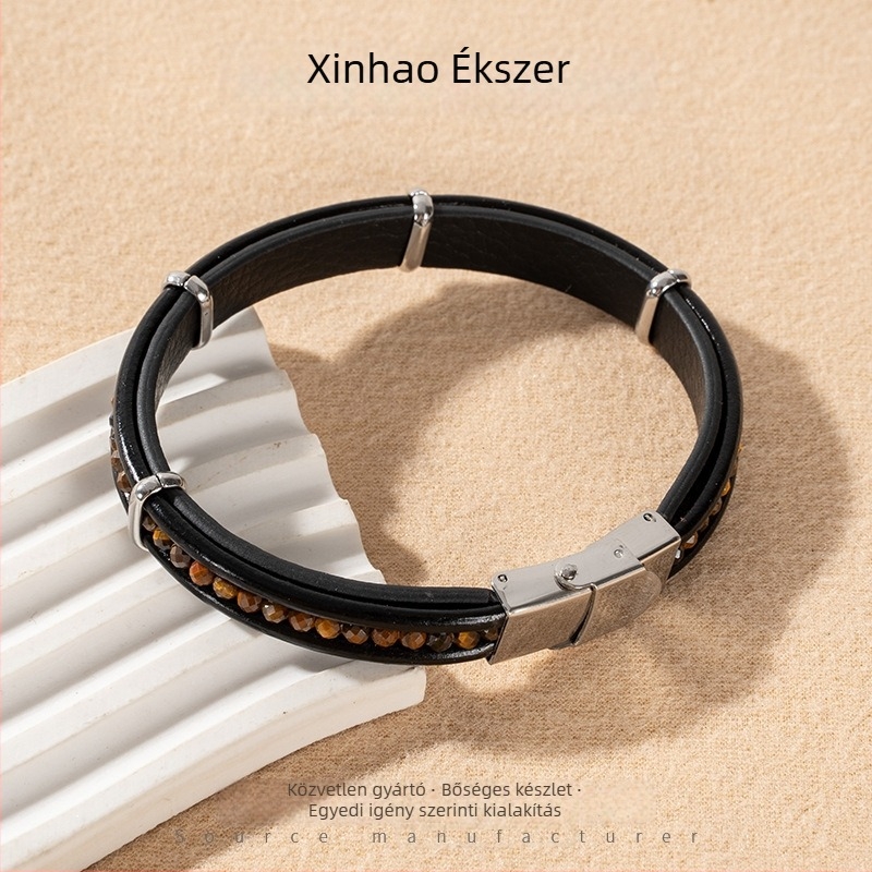 Horgolt bőrzsinór karkötő – állítható, rozsdamentes acél díszítés, uniszex, Xinhao Jewelry
