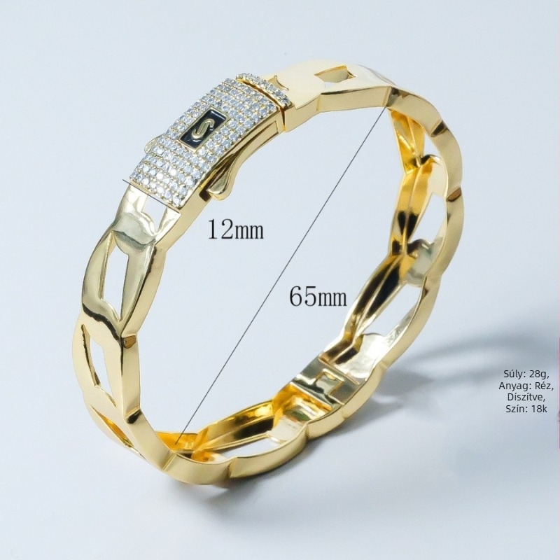 Uniszex réz karkötő zirkon beágyazással, 12 mm széles, szabálytalan alakú, 18K aranyozott.