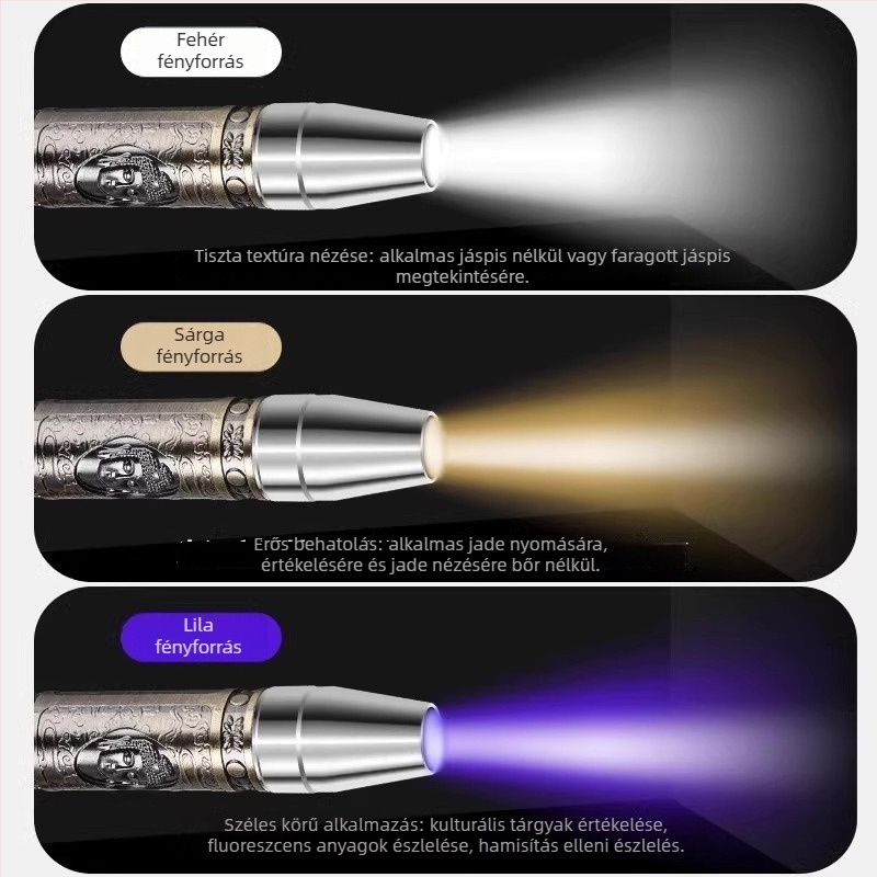 Jáde- és drágakő-azonosító zseblámpa – LED, alumínium ötvözet test, újratölthető 1200 mAh akkumulátor, 10 W, hatótávolság ≥500 m, többfunkciós értékelő eszköz