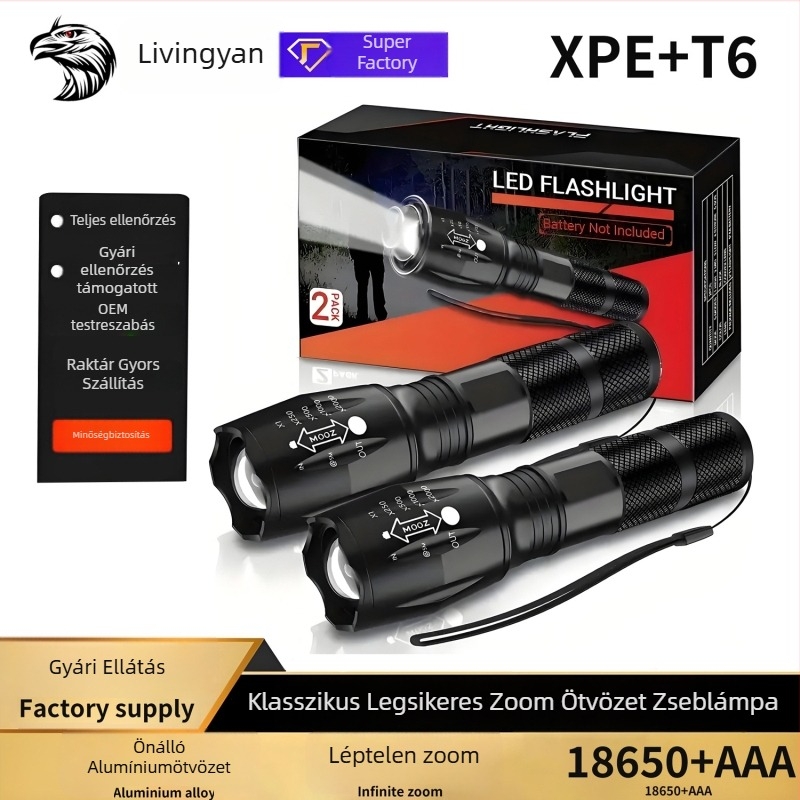 LED zseblámpa, alumíniumötvözet test, 1500 mAh akkumulátor, 360° forgás, 100–200 m hatótáv, járőrszolgálatra