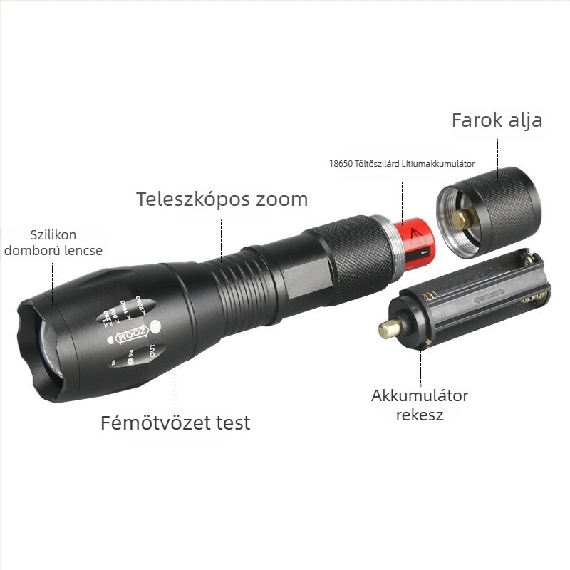 LED zseblámpa, alumíniumötvözet test, 1500 mAh akkumulátor, 360° forgás, 100–200 m hatótáv, járőrszolgálatra