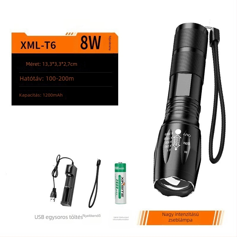 LED zseblámpa, alumíniumötvözet test, 1500 mAh akkumulátor, 360° forgás, 100–200 m hatótáv, járőrszolgálatra