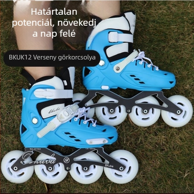 Felnőtt és gyerek kezdő inline korcsolya, gyorsasági, állítható háromkerekes kivitel, csúszásmentes felülettel
