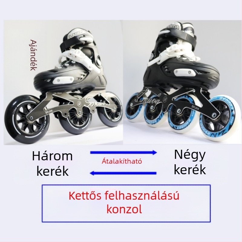 Felnőtt és gyerek kezdő inline korcsolya, gyorsasági, állítható háromkerekes kivitel, csúszásmentes felülettel
