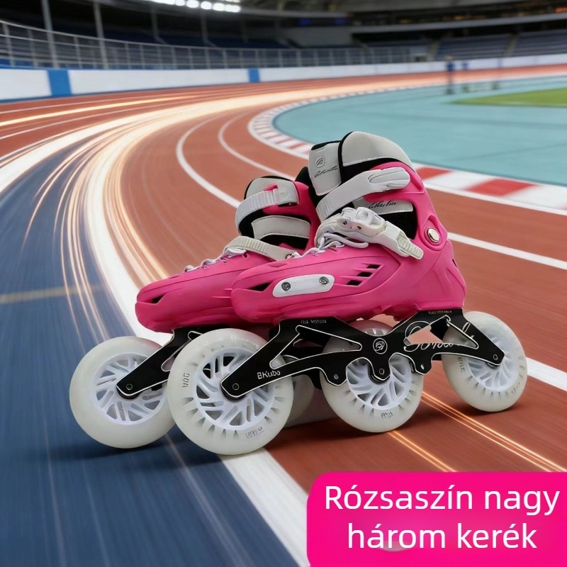 Felnőtt és gyerek kezdő inline korcsolya, gyorsasági, állítható háromkerekes kivitel, csúszásmentes felülettel