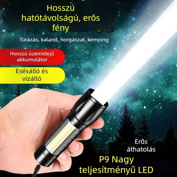 USB-töltéses zseblámpa, 5W LED+COB, kültéri vízálló, hosszú hatótáv 100–200 m, kézi működtetés, multifunkcionális
