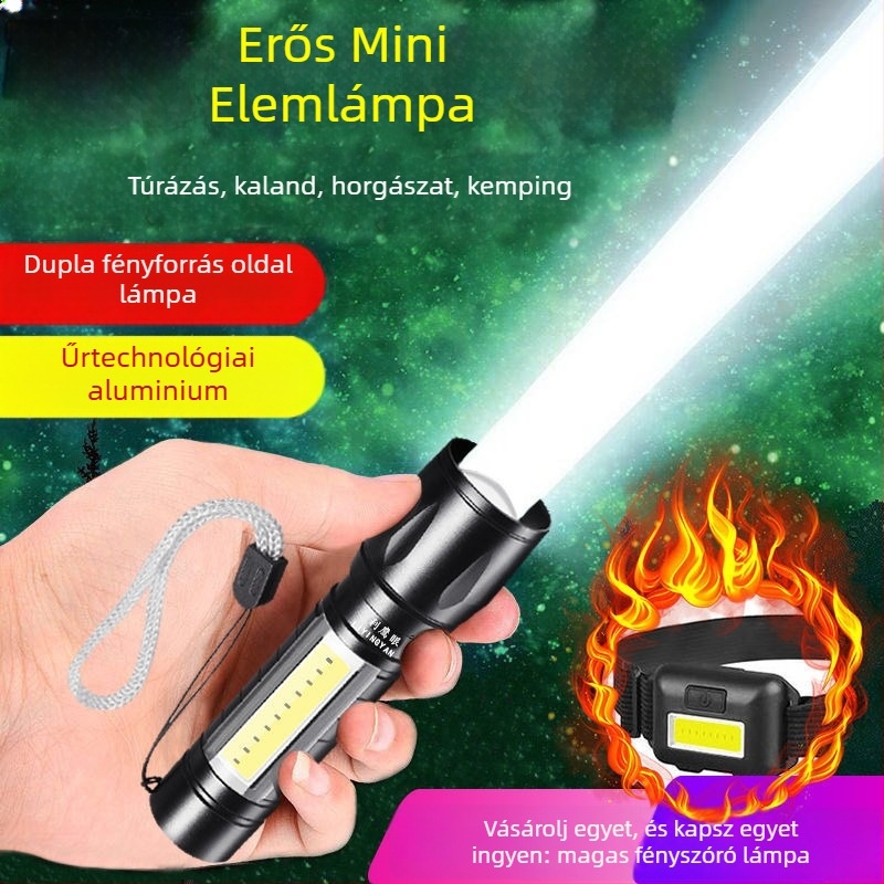 USB-töltéses zseblámpa, 5W LED+COB, kültéri vízálló, hosszú hatótáv 100–200 m, kézi működtetés, multifunkcionális