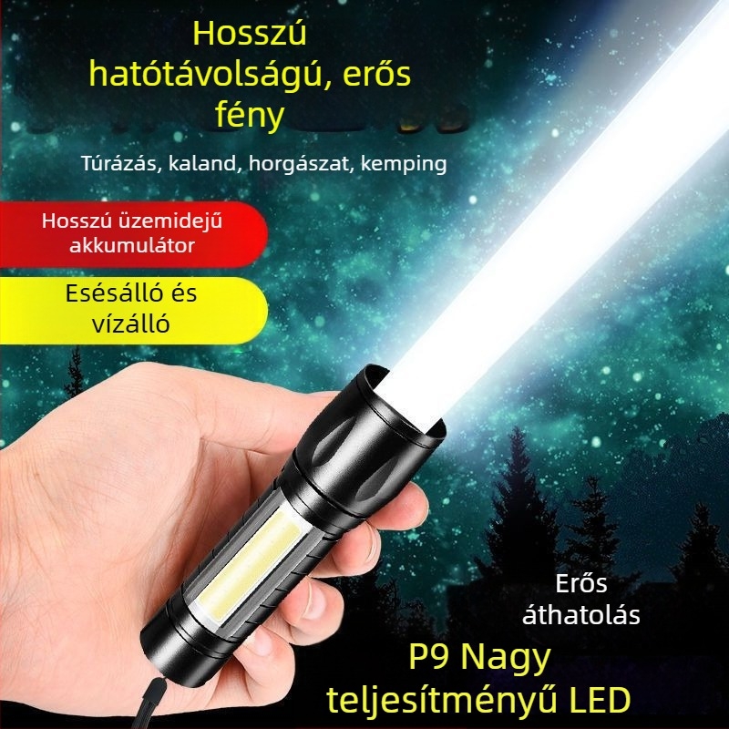 USB-töltéses zseblámpa, 5W LED+COB, kültéri vízálló, hosszú hatótáv 100–200 m, kézi működtetés, multifunkcionális