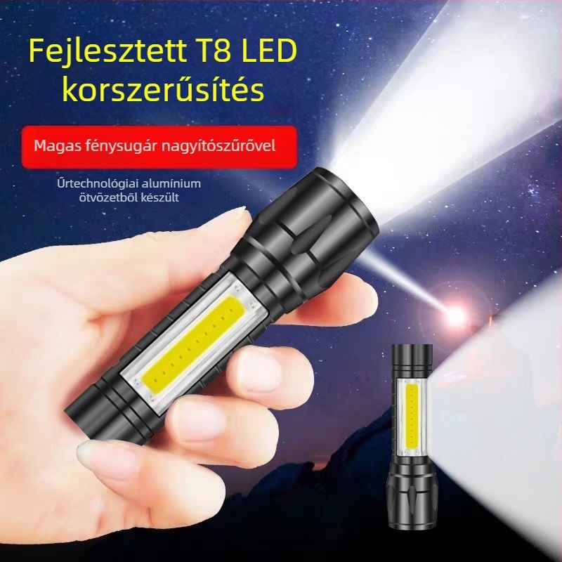 USB-töltéses zseblámpa, 5W LED+COB, kültéri vízálló, hosszú hatótáv 100–200 m, kézi működtetés, multifunkcionális