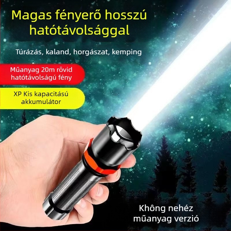 USB-töltéses zseblámpa, 5W LED+COB, kültéri vízálló, hosszú hatótáv 100–200 m, kézi működtetés, multifunkcionális