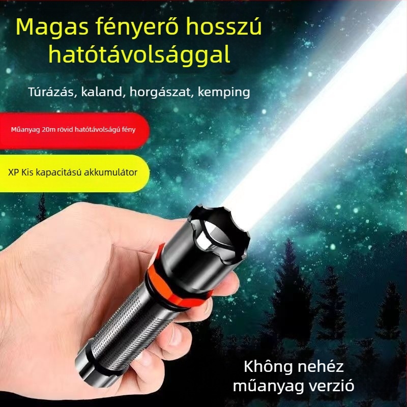 USB-töltéses zseblámpa, 5W LED+COB, kültéri vízálló, hosszú hatótáv 100–200 m, kézi működtetés, multifunkcionális