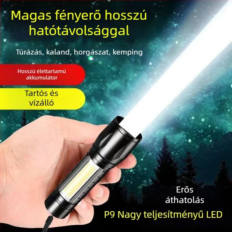 USB-töltéses zseblámpa, 5W LED+COB, kültéri vízálló, hosszú hatótáv 100–200 m, kézi működtetés, multifunkcionális