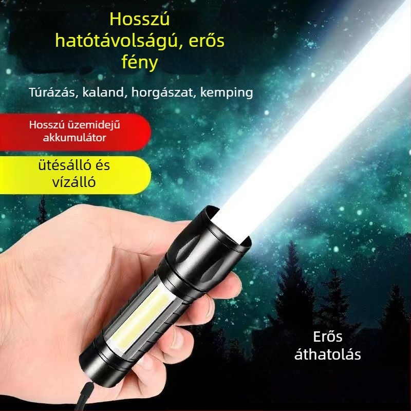 USB-töltéses zseblámpa, 5W LED+COB, kültéri vízálló, hosszú hatótáv 100–200 m, kézi működtetés, multifunkcionális