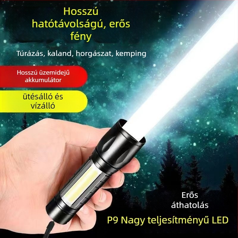USB-töltéses zseblámpa, 5W LED+COB, kültéri vízálló, hosszú hatótáv 100–200 m, kézi működtetés, multifunkcionális