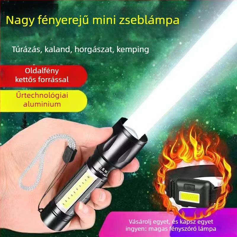 USB-töltéses zseblámpa, 5W LED+COB, kültéri vízálló, hosszú hatótáv 100–200 m, kézi működtetés, multifunkcionális