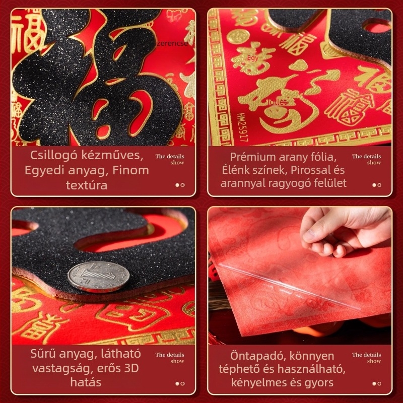 Bejárati ajtó matricája flanelből aranyfóliával, önragasztó kínai stílusú falidísz a nappaliba, Tavaszi fesztivál