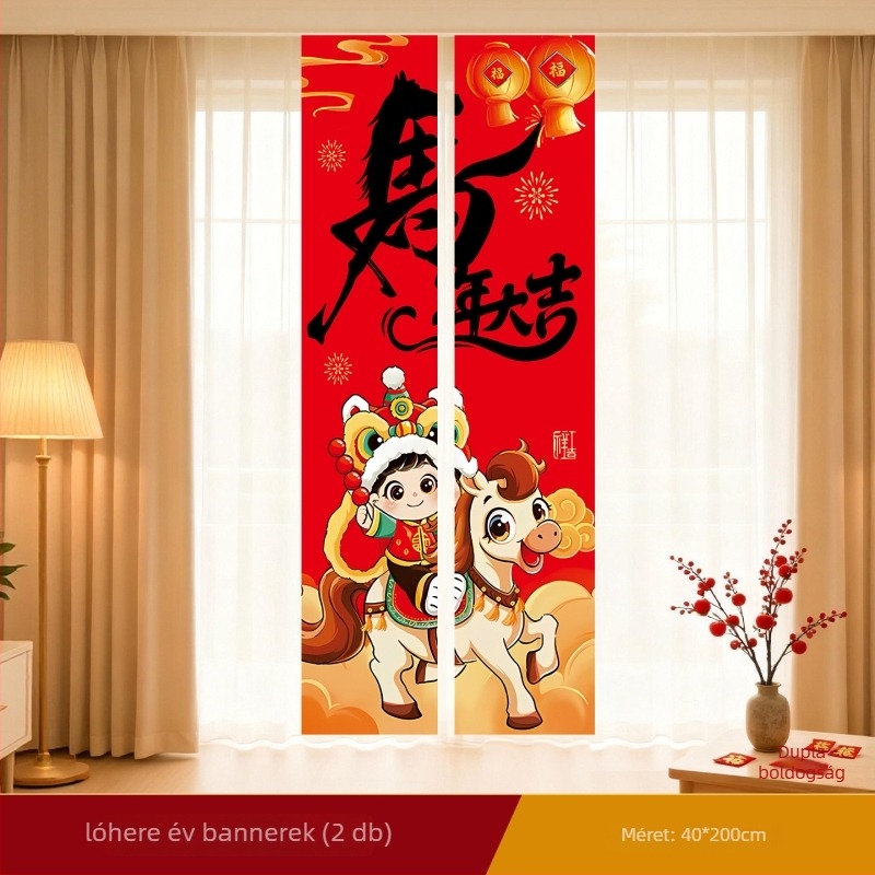 Újévi banner a Ló évének zodiákus motívummal, banneranyag, rekvizit a helyszín dekorációjához, ünnepi dekoráció