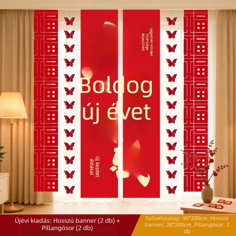Újévi banner a Ló évének zodiákus motívummal, banneranyag, rekvizit a helyszín dekorációjához, ünnepi dekoráció