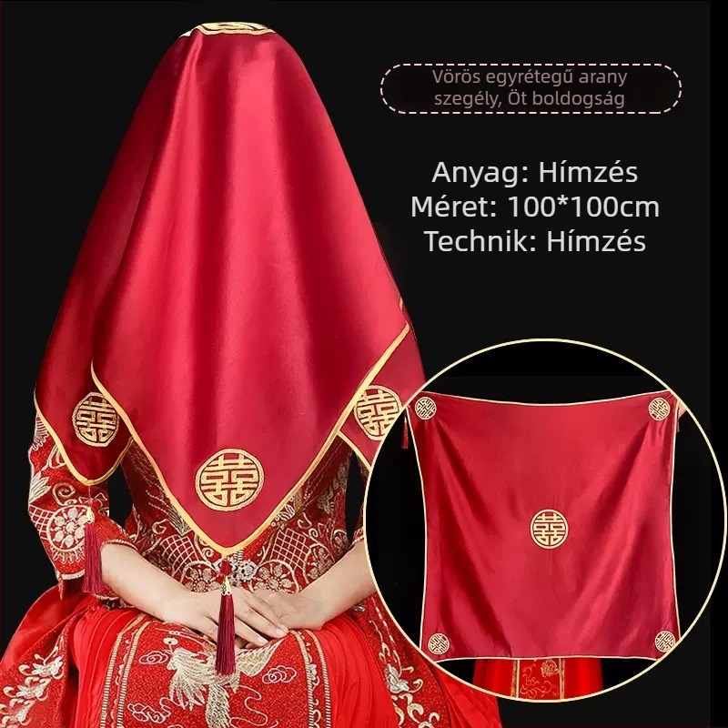Kínai hímzéssel díszített menyasszonyi fátyol, kettős rétegű bojtokkal, textil anyagból, esküvői kiegészítő