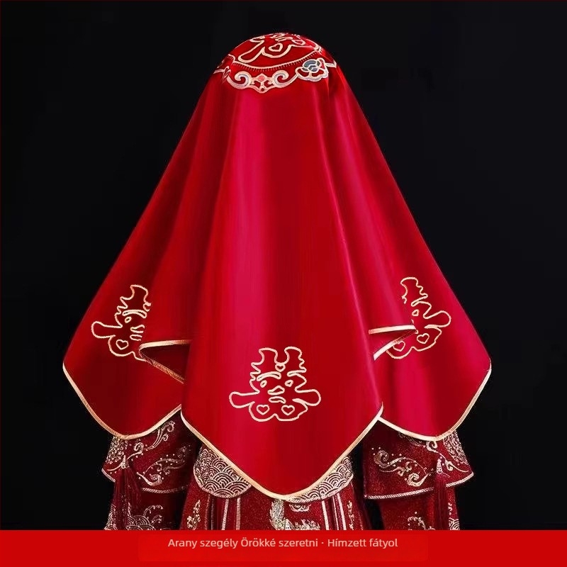 Kínai hímzéssel díszített menyasszonyi fátyol, kettős rétegű bojtokkal, textil anyagból, esküvői kiegészítő