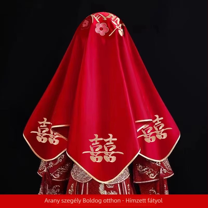 Kínai hímzéssel díszített menyasszonyi fátyol, kettős rétegű bojtokkal, textil anyagból, esküvői kiegészítő