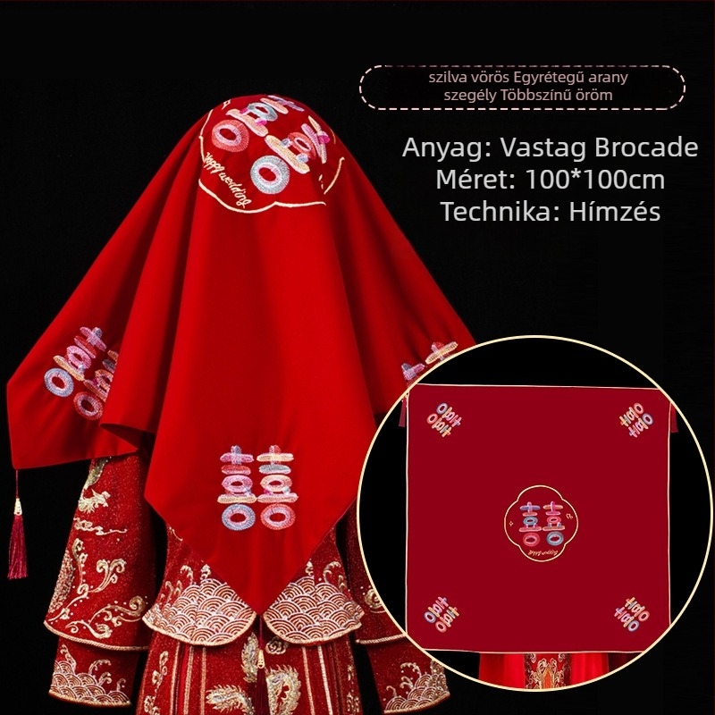 Kínai hímzéssel díszített menyasszonyi fátyol, kettős rétegű bojtokkal, textil anyagból, esküvői kiegészítő