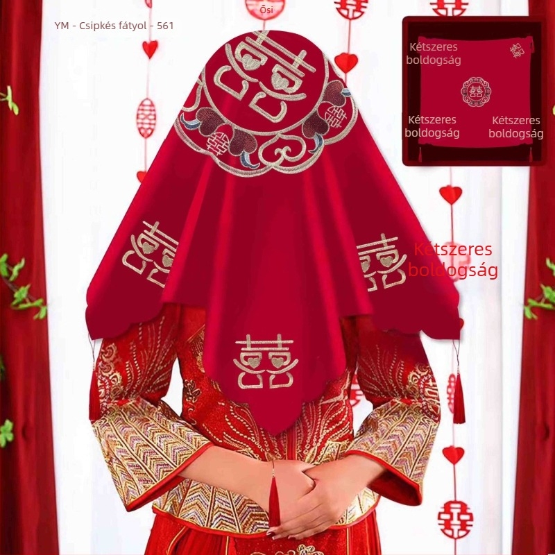 Kínai hímzéssel díszített menyasszonyi fátyol, kettős rétegű bojtokkal, textil anyagból, esküvői kiegészítő