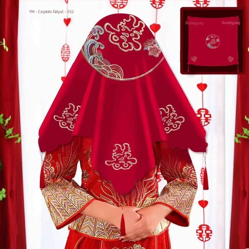 Kínai hímzéssel díszített menyasszonyi fátyol, kettős rétegű bojtokkal, textil anyagból, esküvői kiegészítő