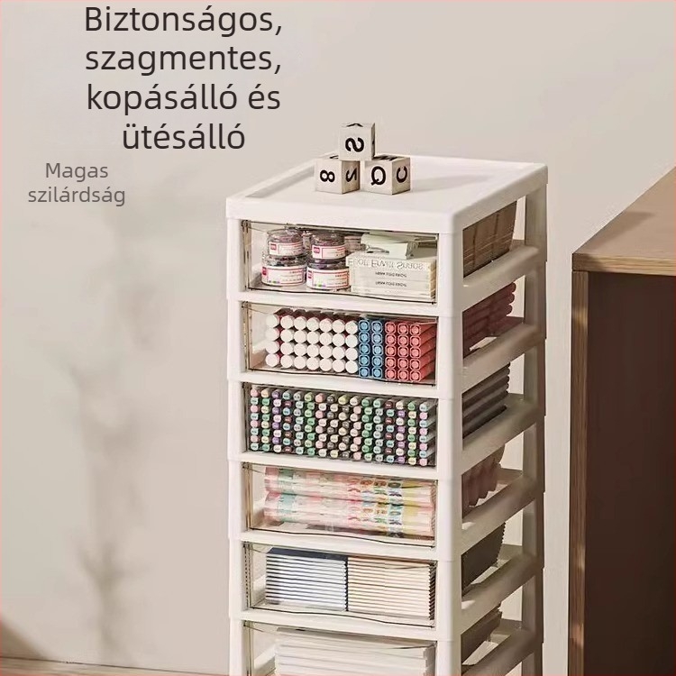 Asztal alatti tároló szekrény átlátszó görgős polcrendszerrel, 10-szintes iratszekrény, modell 8671, műanyag