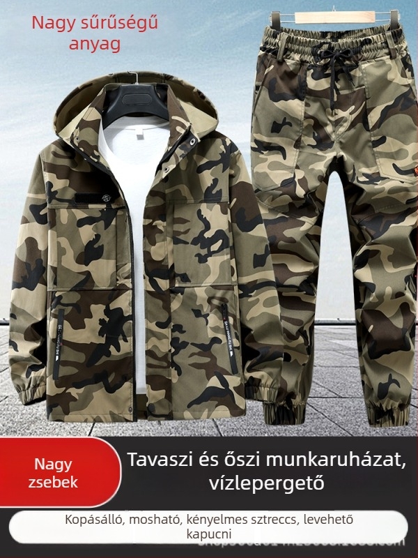Tavasz–Ősz kamuflázs mintás, rugalmas munkaruha kültéri használatra, több zsebbel, kopásálló és szennyeződésálló