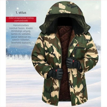 Téli munkaruha camuflázzos pamut kabát kapucnival, háromoldalas cipzárral, meleg és szélálló