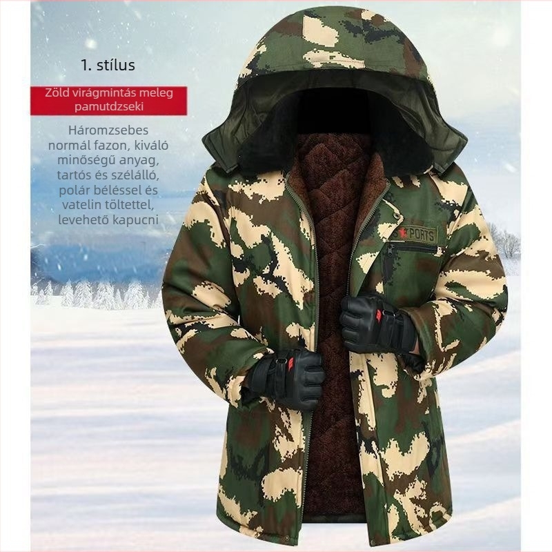 Téli munkaruha camuflázzos pamut kabát kapucnival, háromoldalas cipzárral, meleg és szélálló