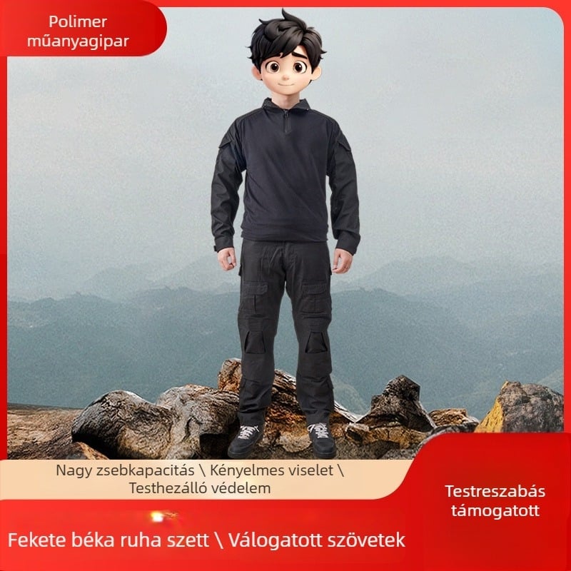 Fekete kamuflált kiképzőruha, kültéri taktikai egyenruha, uniszex