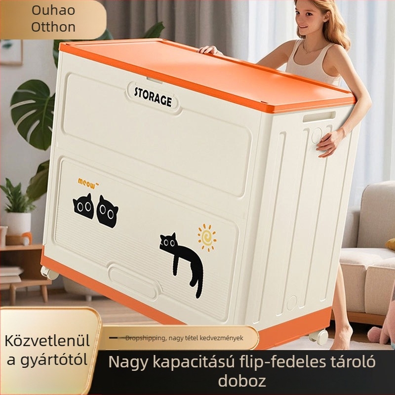 Ruhatároló doboz nagy kapacitással, extrA széles fedél, PP műanyagból, 200–250 L, összecsukható görgőkkel, ruhákhoz és paplanokhoz