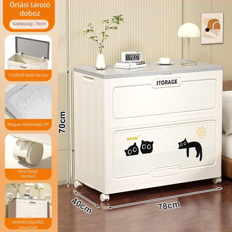 Ruhatároló doboz nagy kapacitással, extrA széles fedél, PP műanyagból, 200–250 L, összecsukható görgőkkel, ruhákhoz és paplanokhoz