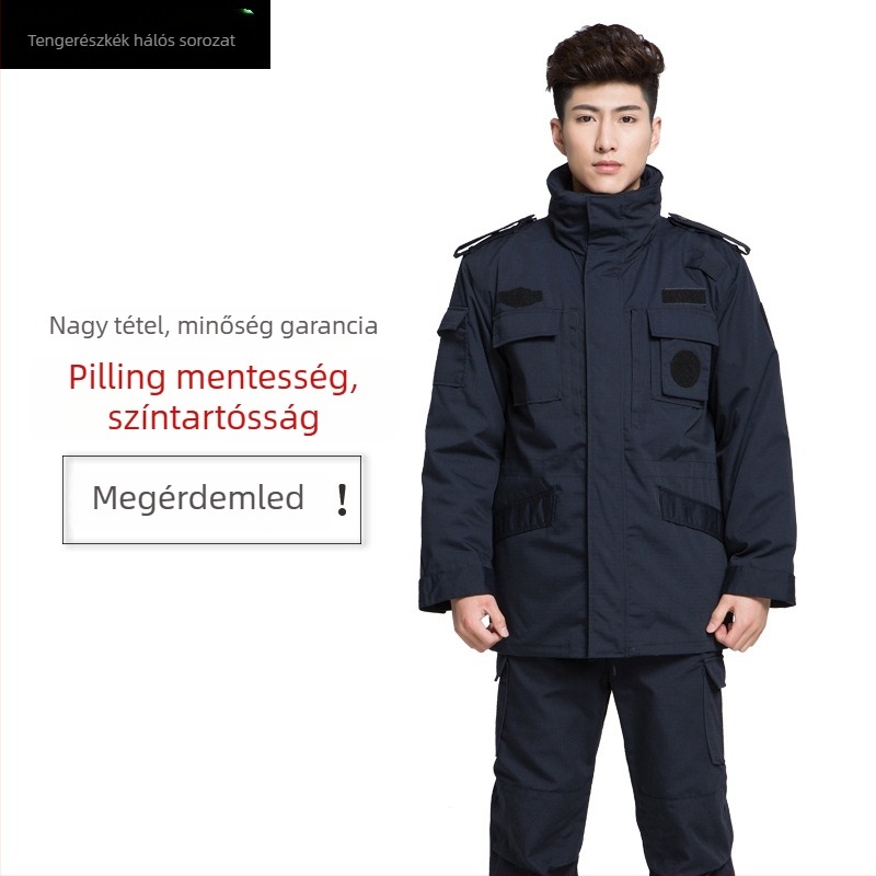 Férfi biztonsági téli kabát, külső anyag nylon-kender keverék (65% nylon), kendermintás szövet, bélés kasmír-pamut gyapjú 35%, vastag munkaruházat