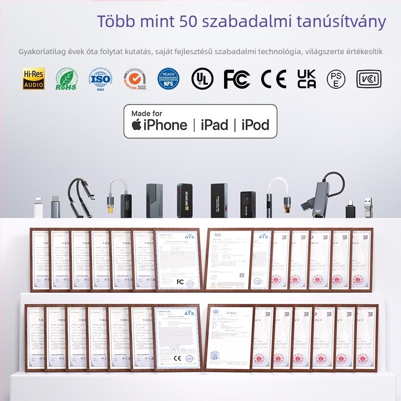 HiFi DAC és fejhallgató-amp 3,5 mm és USB-C‑hez, hordozható hangkártya ezüstbevonatos rézmaggal