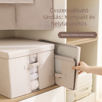 Összecsukható textil gardrób tároló doboz fedéllel, 60-70 L kapacitás, hordozható, fehérneműk és ruhák számára