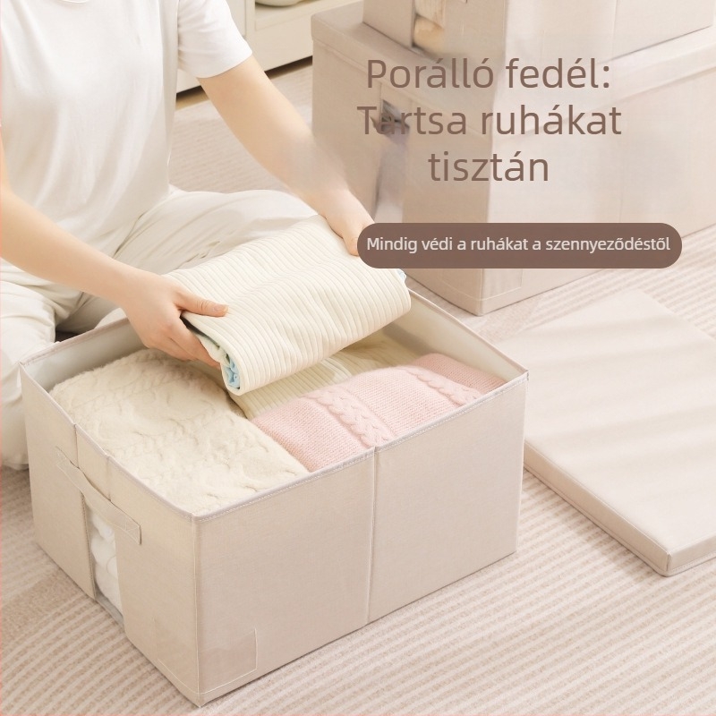 Összecsukható textil gardrób tároló doboz fedéllel, 60-70 L kapacitás, hordozható, fehérneműk és ruhák számára