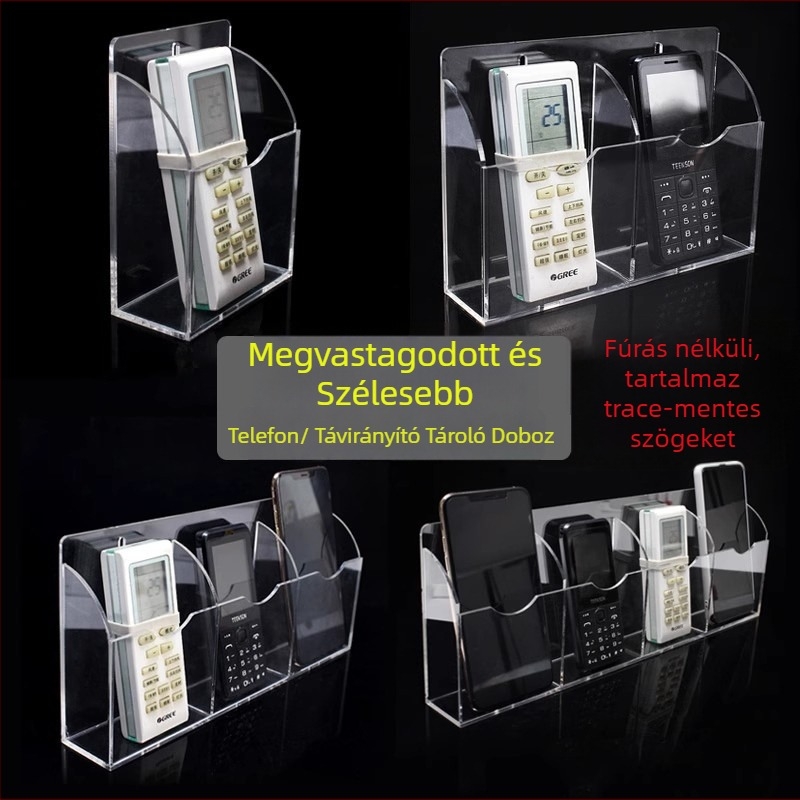 Akril falra szerelhető tárolórekesz a távirányítókhoz, telefonokhoz és kozmetikumokhoz – modern, minimalist, átlátszó dizájn, ideális nappalira és hálószobába