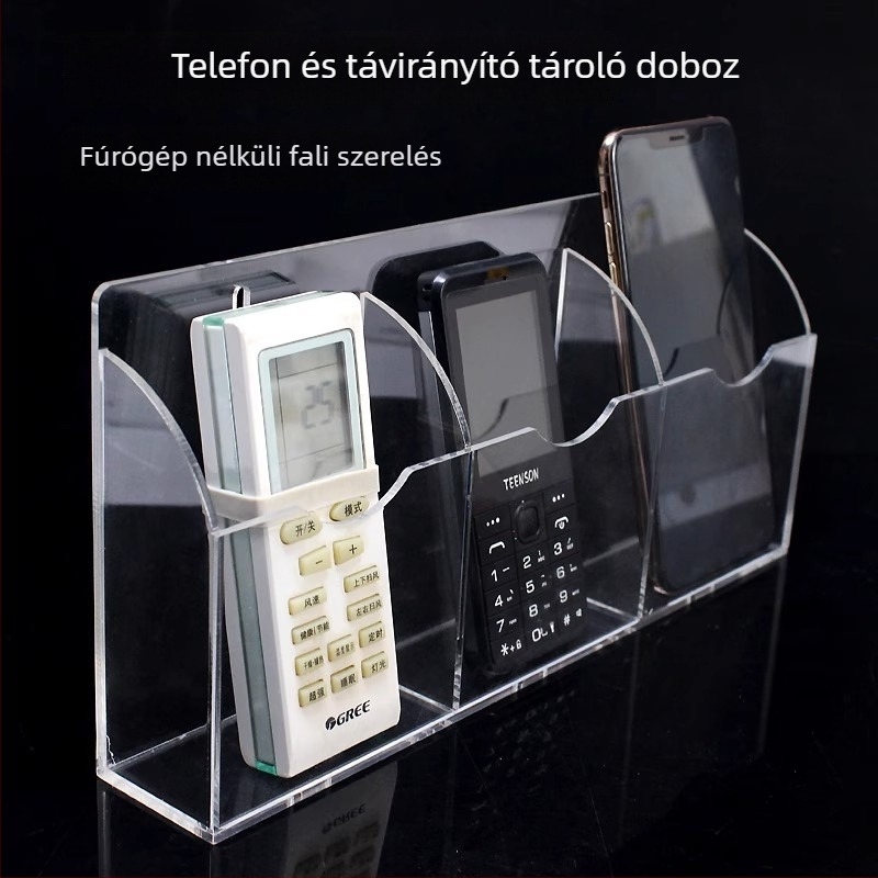 Akril falra szerelhető tárolórekesz a távirányítókhoz, telefonokhoz és kozmetikumokhoz – modern, minimalist, átlátszó dizájn, ideális nappalira és hálószobába