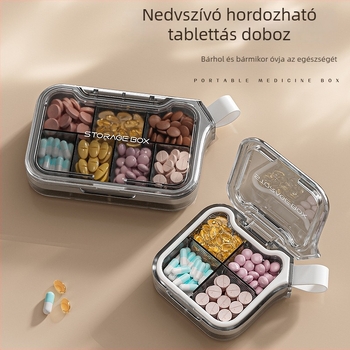 H001 gyógyszeres doboz – hordozható hét napos zárt szervező, hét rekesz, anyag PC+szilikagél
