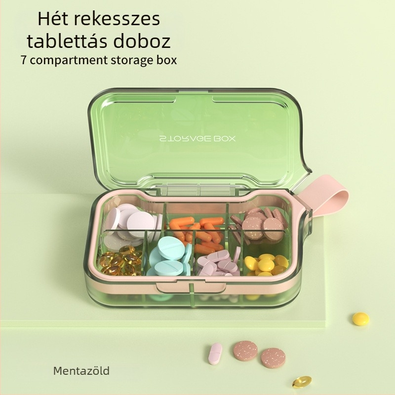 H001 gyógyszeres doboz – hordozható hét napos zárt szervező, hét rekesz, anyag PC+szilikagél