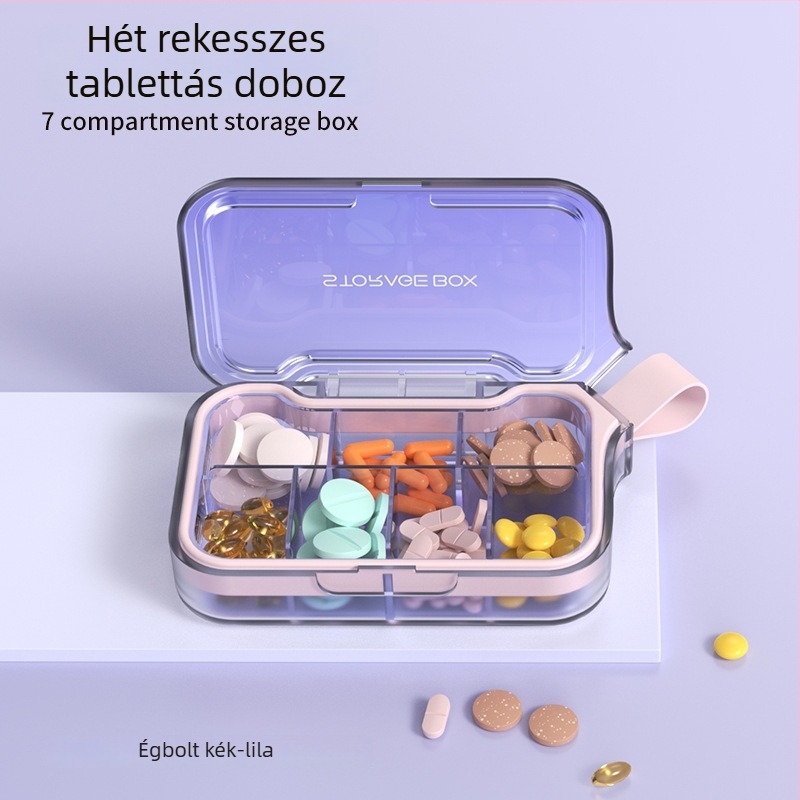 H001 gyógyszeres doboz – hordozható hét napos zárt szervező, hét rekesz, anyag PC+szilikagél