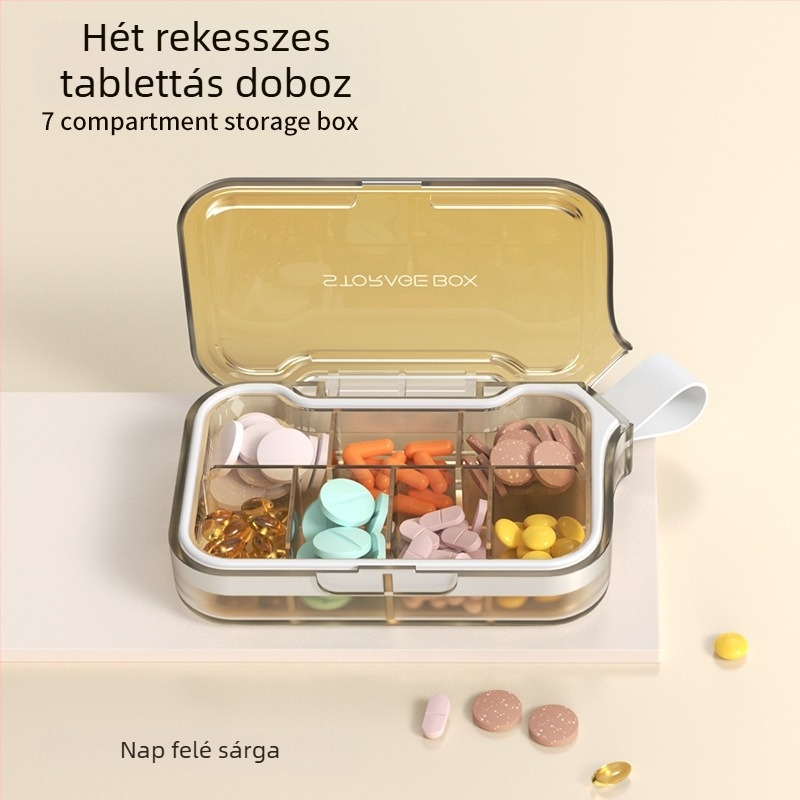 H001 gyógyszeres doboz – hordozható hét napos zárt szervező, hét rekesz, anyag PC+szilikagél