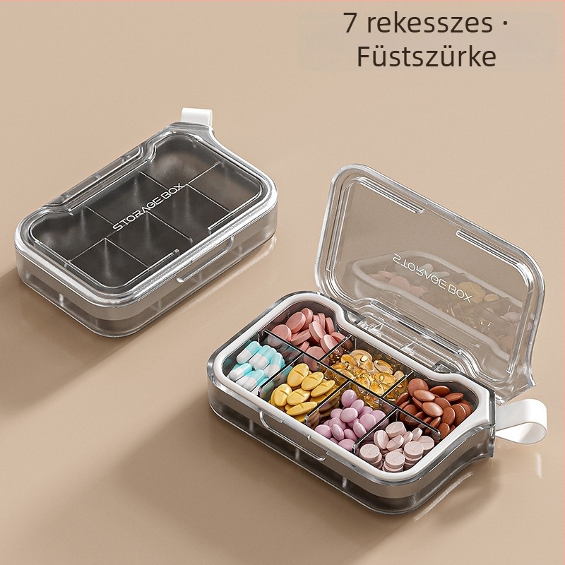 H001 gyógyszeres doboz – hordozható hét napos zárt szervező, hét rekesz, anyag PC+szilikagél