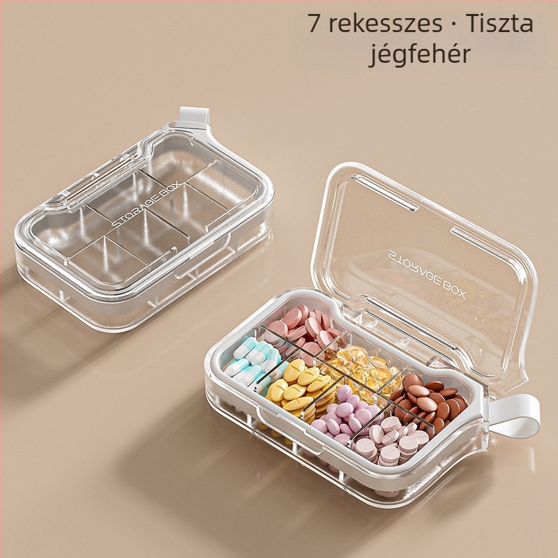 H001 gyógyszeres doboz – hordozható hét napos zárt szervező, hét rekesz, anyag PC+szilikagél